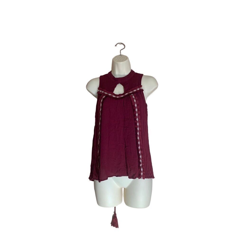 Moon River Maroon Keyhole Tie Back Sleeveless Blouse